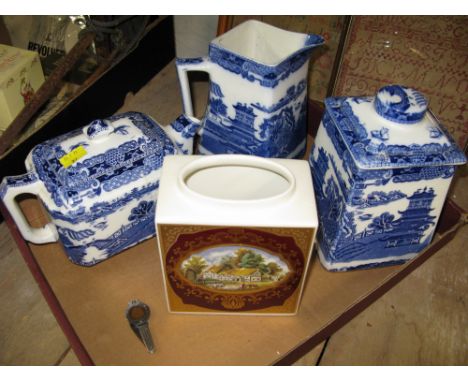 Ringtons biscuit barrel, teapot, large jug and Royal Cauldon tea caddy