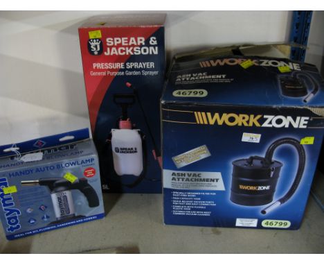 Work Zone ash vacuum cleaner, auto blow lamp and a pressure sprayer