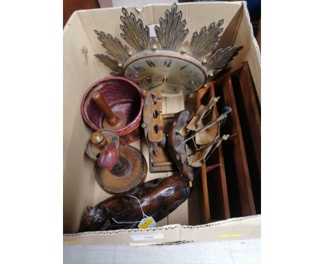 Two pipe stands, one in the form of a lighthouse, horse ornaments, desk tidy with brass inlay and vintage wall clock, etc. 