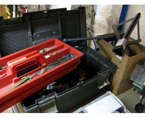 Toolbox and hand tools, drill bits, axle stand and wheel brace