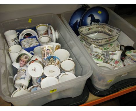 Two boxes of commemorative mugs, Ridgeway plates, Spode jugs and bowl etc