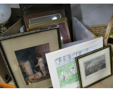 Box of mixed pictures, Victorian coloured print of Guildford, The Foot of Kirkstone Pass, Cockfighting, comic print of ladies