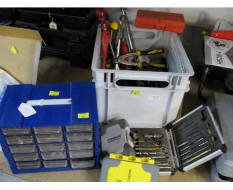 Plastic drawers and tub of hand tools, screwdrivers, drill bits, adjustable wrenches etc