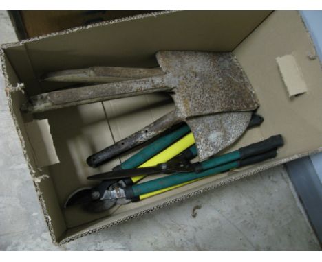 Box of garden tools, shovels and cutters 