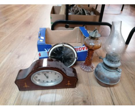 Box of oil lamp bases, chimney, mantle clock 