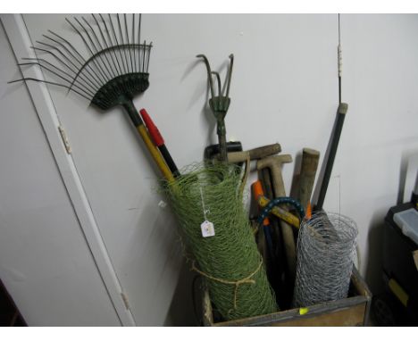 Collection of garden tools and chicken wire (tea chest not included)