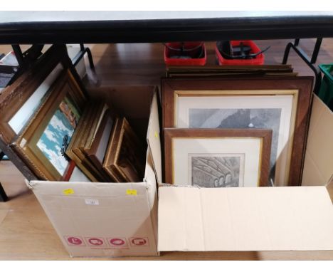 Two boxes of pictures, photographic Lake District print, dog and animal prints 