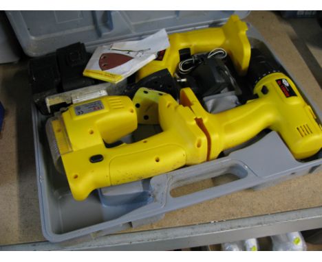 A Jerex cordless drill, sander and jigsaw