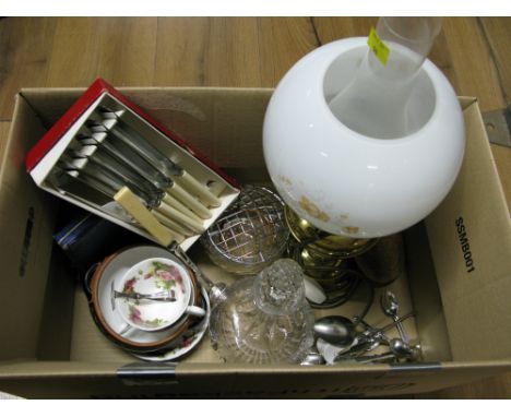 Mixed box of cutlery, decanters, oil lamp converted to electric, boxed set of knives etc