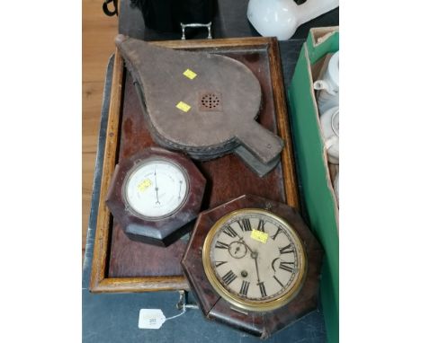 Rectangular oak tray, bellows, barometer and octagonal clock 