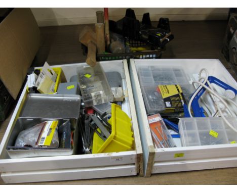 Tub and two drawers of hand tools, rawl plugs, screws, felt nails, mallets etc