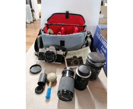 Minolta SRT100 camera, lenses and camera bag 