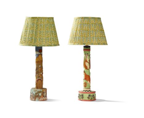 J.T BARLOW, BIDDULPH PAIR OF FOLK ART TABLE LAMPS, 1960s carved and painted wood, comprising a HEY DIDDLE DIDDLE LAMP, carved