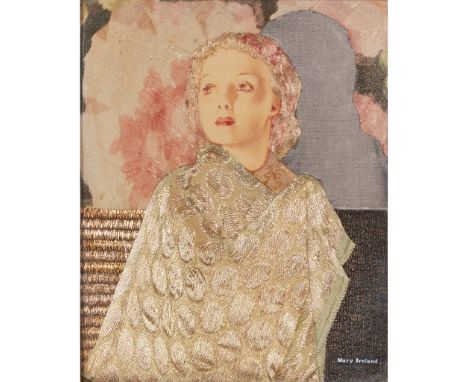 MARY IRELAND (1891-C.1980) ‘THE SHADOW (BLUE &amp; GOLD CLOAK)’, DATED 1935 appliqué ‘fabric mosaic panel’, painted silk, wit