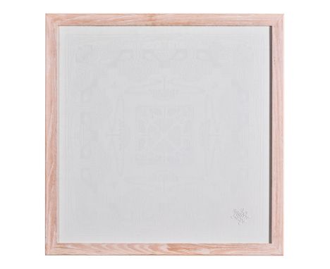 WALTER CRANE (1845-1915) FOR JOHN WILSON, LONDON FRAMED NAPKIN, CIRCA 1900 linen damask, with inscription to the outer border