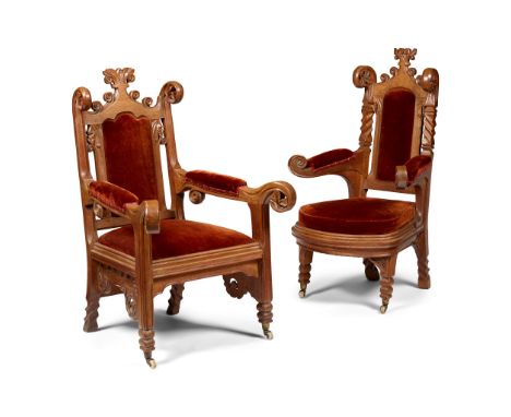 WILLIAM WHITE (1825–1900) FOR BISHOPS COURT, SOWTON, DEVON TWO GOTHIC REVIVAL ARMCHAIRS, CIRCA 1860 oak, with velvet upholste