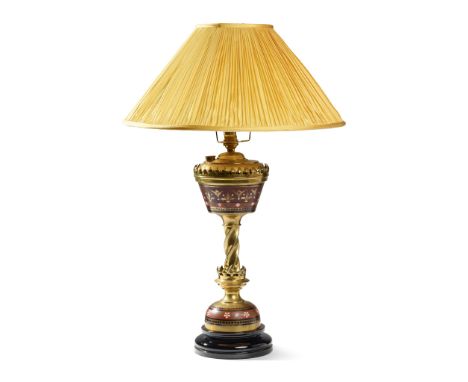 HART, SON, PEARD &amp; CO., LONDON &amp; BIRMINGHAM GOTHIC REVIVAL LAMP, CIRCA 1870 brass, with painted faux enamel decoratio