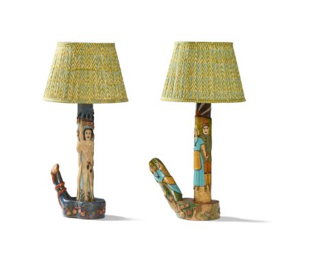 J.T BARLOW, BIDDULPH PAIR OF FOLK ART TABLE LAMPS, 1960s carved and painted wood, comprising an ADAM &amp; EVE LAMP, carved m