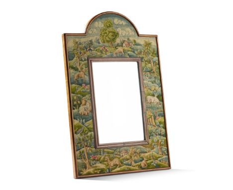 COTSWOLD SCHOOL ARTS &amp; CRAFTS STRUT MIRROR, CIRCA 1920 walnut frame, bevelled mirror plate and needlework embroidery(61cm