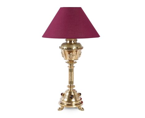 ENGLISH GOTHIC REVIVAL TABLE LAMP, CIRCA 1890 brass, set with jewelled cabochons, converted to electricity and fitted with a 