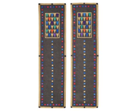 DOVECOT TAPESTRY CO. PAIR OF TAPESTRY HANGINGS, CIRCA 1990 inspired by Charles Rennie Mackintosh, wool, woven company logo, w