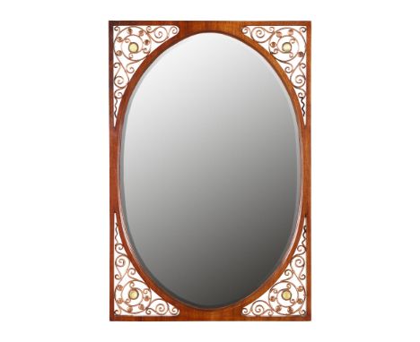 AMERICAN AESTHETIC MOVEMENT WALL MIRROR, CIRCA 1890 mahogany with bevelled mirrored plate, and copper filagree set with opale