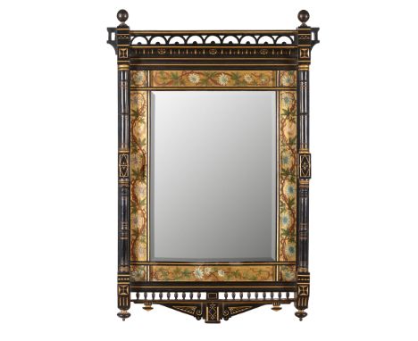 ENGLISH AESTHETIC MOVEMENT WALL MIRROR, CIRCA 1880 ebonised, gilded, painted with mirrored plate(99cm wide, 60.7cm high)