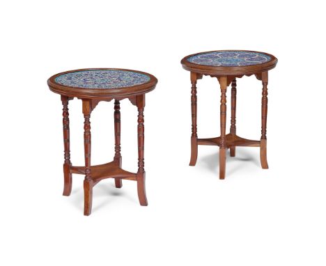 ENGLISH PAIR OF AESTHETIC MOVEMENT OCCASIONAL TABLES, CIRCA 1880 mahogany, inset with Iznik glazed ceramic panels(52.5cm diam