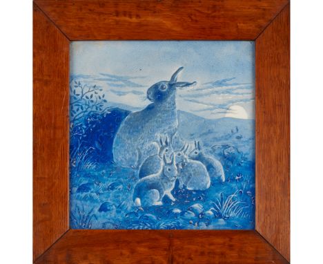 MINTON &amp; CO. 'RABBIT FAMILY' FRAMED TILE. CIRCA 1880 hand-painted earthenware, within original maple frame(19.5cm square)