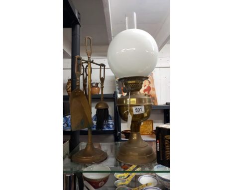 A brass lamp with duplex burner and companion set  COLLECT ONLY