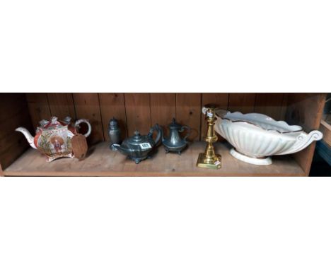 A pewter teapot etc, plus Victorian candlestick, Burleigh ware teapot (teapot a/f)