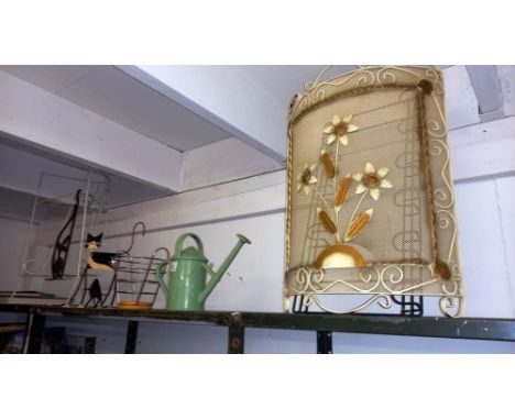 A quantity of retro metal household items including shoe rack and fire screen. COLLECT ONLY.