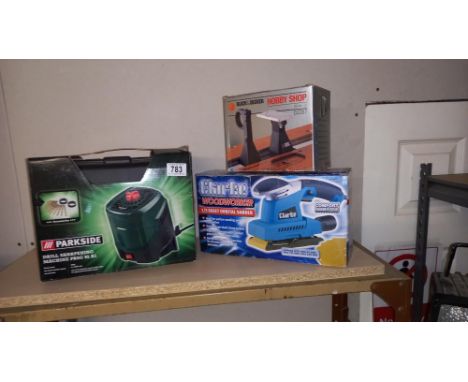 A boxed Clarke orbital sander. Parkside drill &amp; sharpening machine etc. COLLECT ONLY