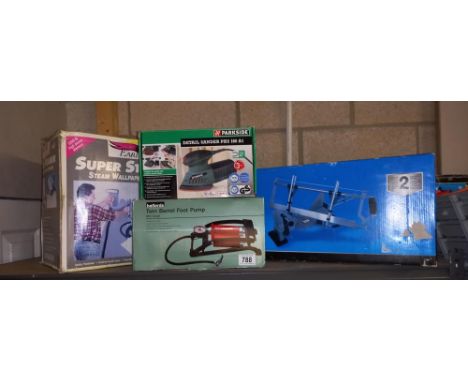 A boxed Parkside detail sander, mitre saw, foot pump &amp; wallpaper stripper COLLECT ONLY