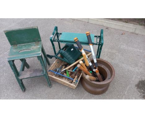 A quantity of garden tools including vintage wooden step stool etc. COLLECT ONLY