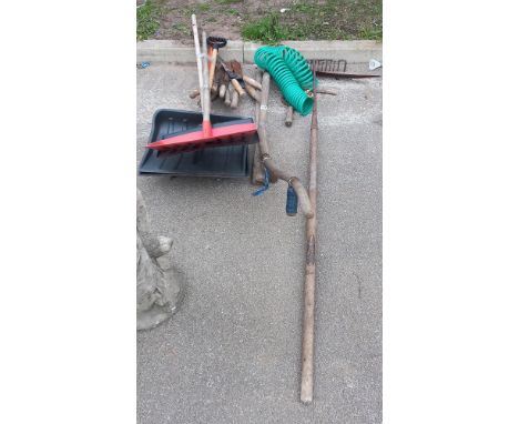 A quantity of garden tools including shears, coil hose pipe &amp; Syth snow shovels etc COLLECT ONLY