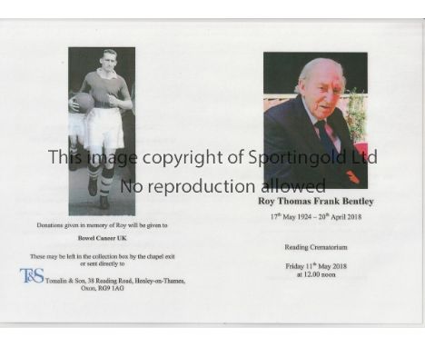 CHELSEA   Laminated programme for the Funeral service of Chelsea and England legend Roy Bentley on the 11th May 2018. Bentley