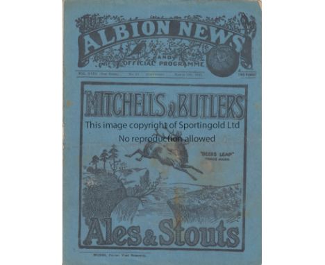 WEST BROM - ASTON VILLA  1927   West Brom home programme v Aston Villa, 12/3/1927, spine split, marks to cover.   Fair