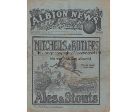 WEST BROM - BLACKBURN 1921   West Brom Reserves home programme v Blackburn Rovers, 17/9/1921, Central League, some wear along