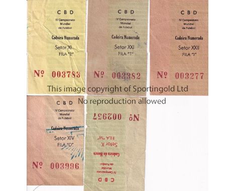 1950 WORLD CUP TICKETS      Five ticket stubs: 4 at Cadeira Numerada and the other at Cadeira de Honra for the Maracana Stadi
