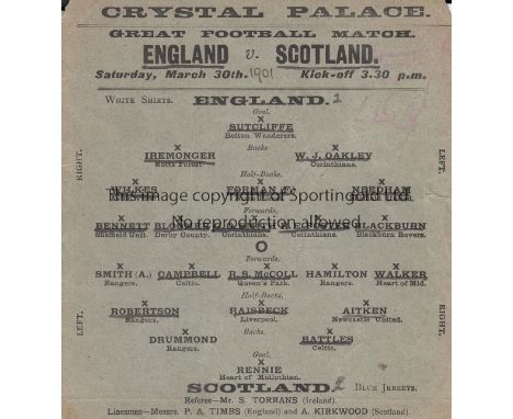 ENGLAND - SCOTLAND 1901  Matchcard programme England v Scotland , 30/3/1901 at the Crystal Palace. The game ended 2-2. Englan