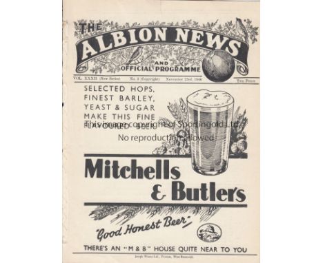 WEST BROM - MANSFIELD 1940  Four page West Brom home programme v Mansfield, 23/11/40, ex bound volume. Small tear.  Fair-gene