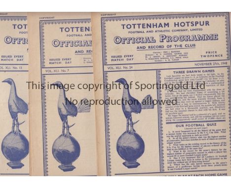 TOTTENHAM HOTSPUR       Twenty home programmes from season 1948/9 including Nottingham Forest postponed 27/11/1948. Most are 