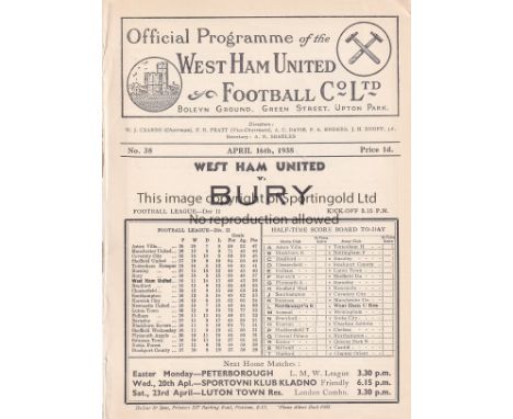 WEST HAM - BURY 1938   West Ham home programme v Bury, 16/4/1938, white copy, ex bound volume.  Good