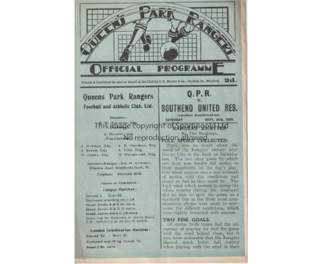 QPR    Programme Queen's Park Rangers Reserves v Southend United Reserves 28th September 1929. Some rust at staple. No writin