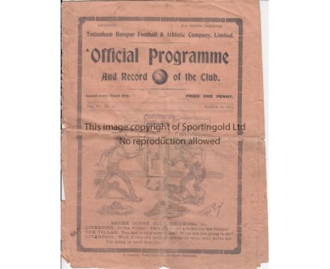 CUP SEMI-FINAL 1914   Eight page Tottenham Hotspur fold out programme, FA Cup Semi-Final, Aston Villa v Liverpool, 28/3/1914 