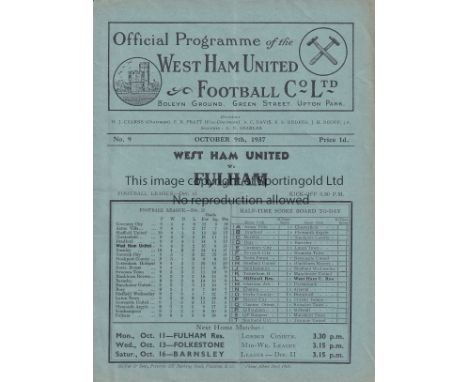 WEST HAM - FULHAM  1937   West Ham home programme v Fulham, 9/10/1937, slight fold.  Good