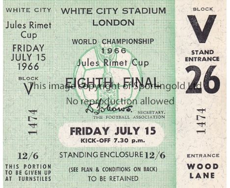 1966 WORLD CUP      Unused ticket for Uruguay v France 15/7/1966 at White City.   Good