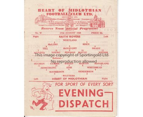 HEARTS    Gatefold programme Heart of Midlothian v Raith Rovers 25th August 1948. No writing. Good   