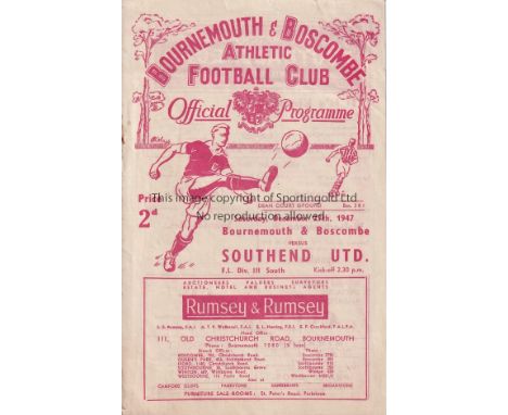 BOURNEMOUTH V SOUTHEND 1947    Programme for the League match at Bournemouth 27/12/1947, team changes and scores entered.    